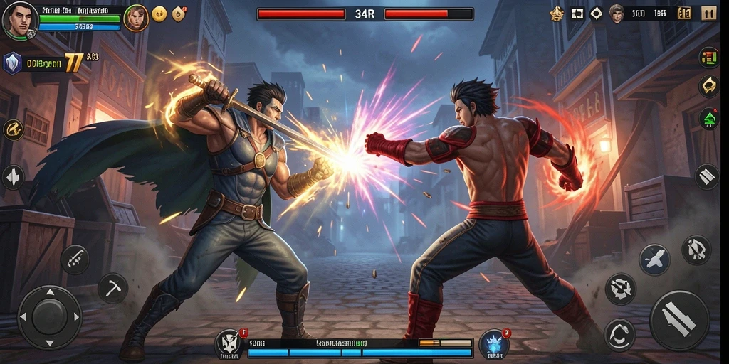 Screenshot gameplay 34R menunjukkan pertarungan seru antara dua karakter.