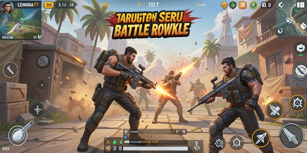 Screenshot utama CEMARA77 menampilkan pertempuran seru di arena Battle Royale.