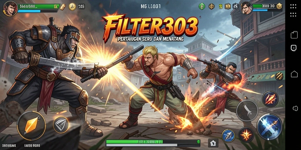 Gameplay seru dalam FILTER303 dengan karakter bertarung epik.