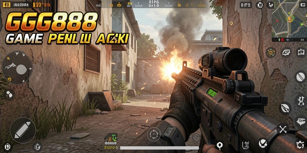 Screenshot GGG888 menampilkan aksi intens di medan perang FPS.
