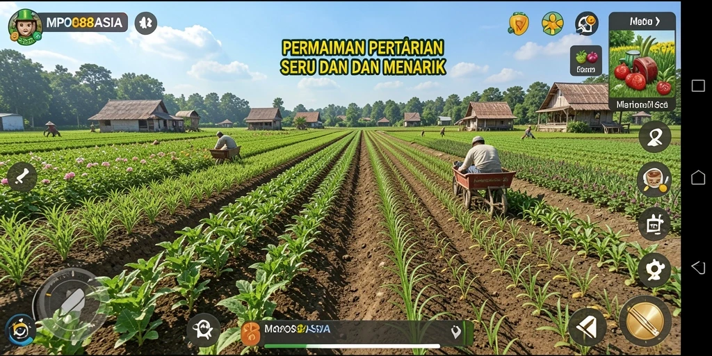Screenshot gameplay MPO88ASIA yang menampilkan kebun yang indah dan hewan ternak.