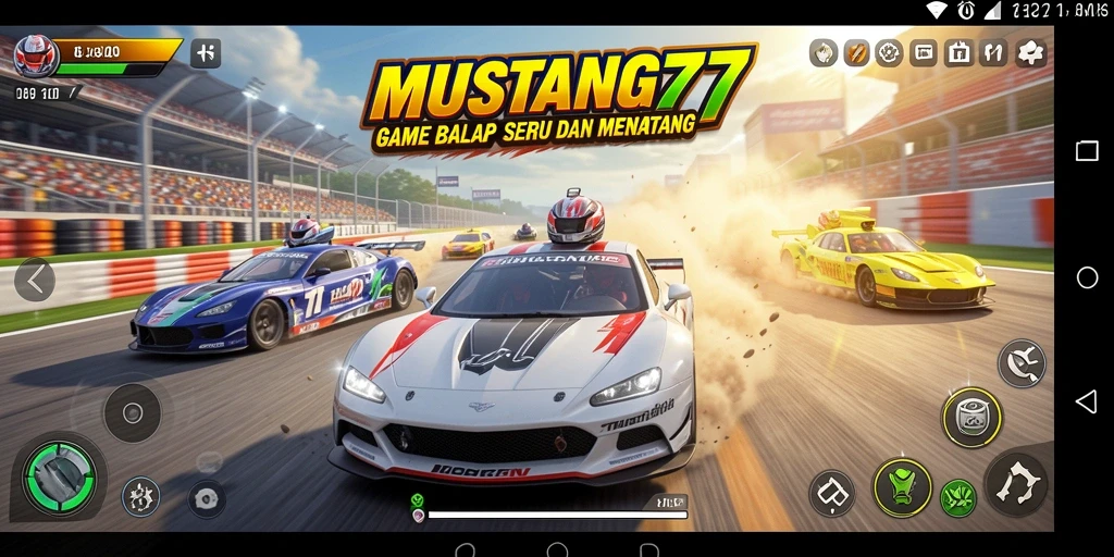 Screenshot utama menunjukkan aksi balap mendebarkan dalam MUSTANG77.