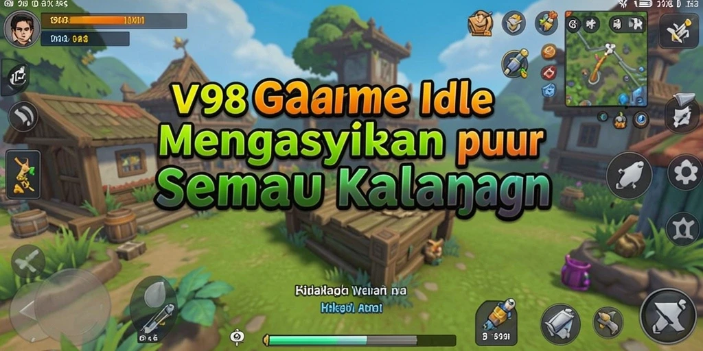 Screenshot V98 menampilkan gameplay santai dan pembangunan kerajaan secara otomatis.