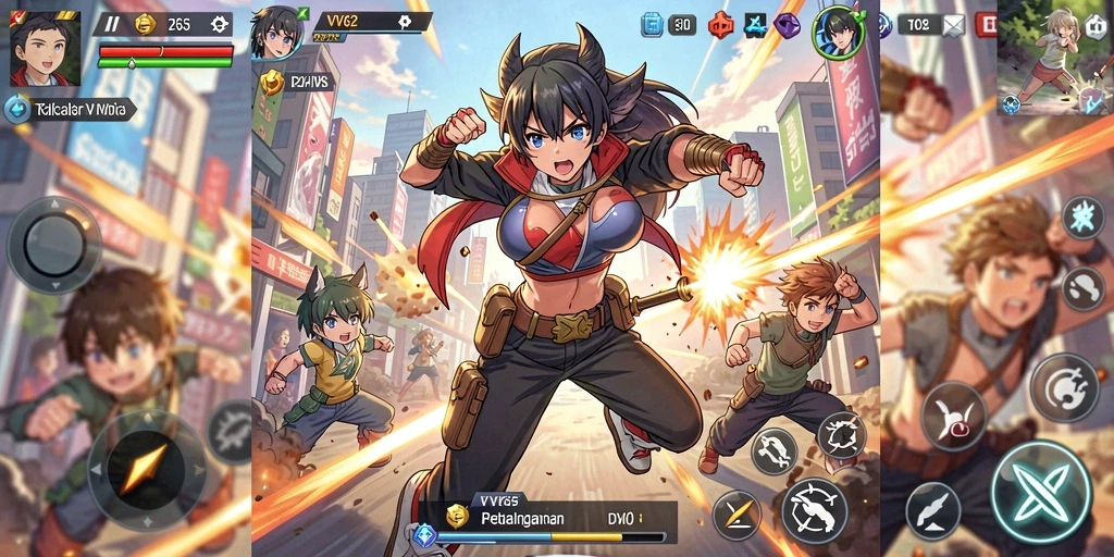 Screenshot utama VV62 menampilkan pertarungan epik karakter anime.